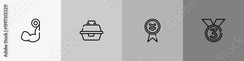sports outline icon set featuring biceps curl, tackle box, down indicator, third place icons.
