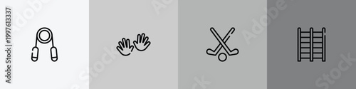 gym equipment outline icon set featuring handgrip, hand, field hockey, trellis icons.