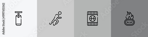 running outline icon set featuring boxing bag, paralympics, blue card, calories icons.
