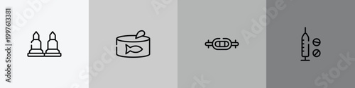 sports outline icon set featuring munition, tuna can, swiss bar, doping icons.