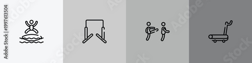 sport fitness outline icon set featuring blobbing, horizontal bars, disciple, treadmill hine icons.