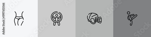 martial arts outline icon set featuring slim body, zorbing, hockey helmet, master icons.