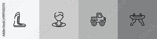 sports outline icon set featuring boxing shoe, karateka, off road, pommel horse icons.