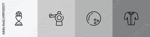 baseball outline icon set featuring football trophy, pitching hine, bowling ball, baseball jersey icons.