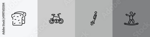 x treme outline icon set featuring whole wheat bread, mountain bike, flyboard, highlining icons.