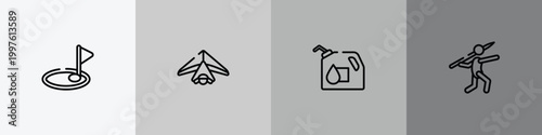 sport equipment outline icon set featuring birdie, hang gliding, oil down, javelin icons.