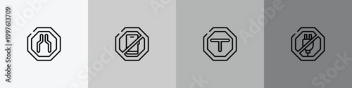 signal and prohibitions outline icon set featuring narrow, smarthphone, intersecting, no plug icons.