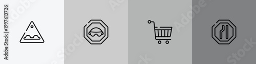 traffic signs outline icon set featuring bumps, eyewear, hand truck, lane icons.