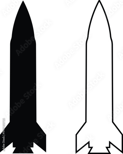 Rocket missile space launch vehicle icon set collection group in black flat and line style featuring rocket, missile, spacecraft, booster, launch synonym elements for aerospace, military and technolog