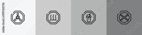 traffic signs outline icon set featuring radioactive warning, heat, milk shake, no waiting icons.