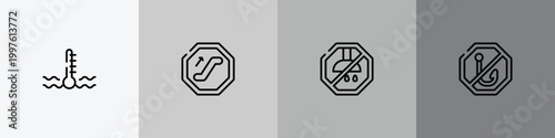 pictograms outline icon set featuring engine coolant, or, no shower, no fishing icons.
