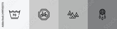 american indigenous outline icon set featuring 70 degrees, cycle lane, indian village, dream catcher icons.