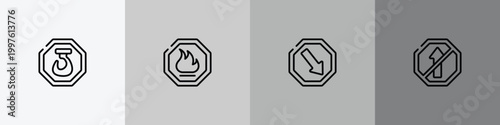 traffic signs outline icon set featuring hoist, fire warning, keep right, no straight icons.