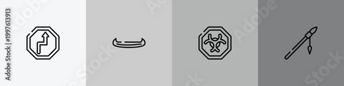 american indigenous outline icon set featuring bend, native american canoe, biological hazard, native american spear icons.