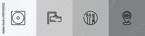indications outline icon set featuring dry low heat, rectangular, wrench and screwdriver, tracking icons.
