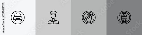 indications outline icon set featuring taxi stop, policeman figure, no arms, tram stop icons.