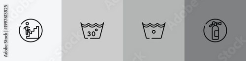 indications outline icon set featuring walking up stair, 30 degree laundry, cold wash, fire estinguisher icons.