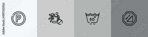indications outline icon set featuring p inside a circle, no pushing, null, walking downstairs icons.