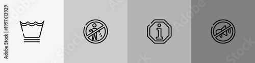 swimming pool rules outline icon set featuring delicate washcycle, no littering, information, no shouting allowed icons.