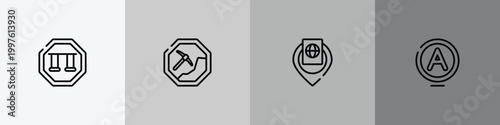 indications outline icon set featuring swings, mining work zone, inmigration check point, null icons.