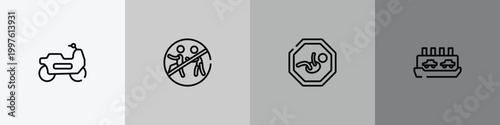 indications outline icon set featuring motorbike riding, chasing prohibited, baby zone, ferry carrying cars icons.