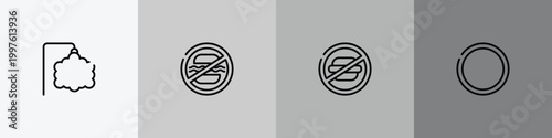 laundry instructions outline icon set featuring ornamental, food not allowed, not allowed snacks, empty circle icons.