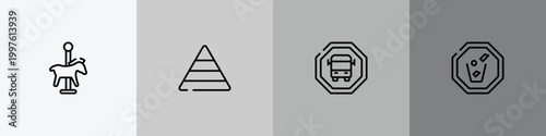 indications outline icon set featuring carousel horse, pyramidal structure, scholar bus stop, throw to the bin icons.