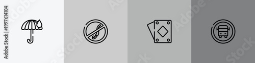 indications outline icon set featuring rain umbrella, no diving, diamond ace, school bus stop icons.