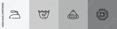 indications outline icon set featuring iron low, null, hanging, cafe bar icons.