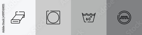 indications outline icon set featuring bed 3d view, circle inside square, 60 degree laundry, road crossing icons.