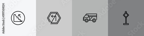 signals set outline icon set featuring upstairs, no turn left, minivan taxi, traffic icons.