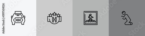 poi public places outline icon set featuring solar taxi, square hotel, pedestrian crossing, praying icons.