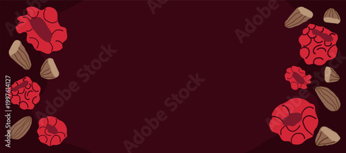 Vector horizontal banner with red raspberries and almond nuts on dark chocolate background, copy space for text, flat illustration for dessert or sweets