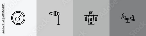 poi public places outline icon set featuring men, wind flag, bridge on avenue perspective, children on teeter totter icons.