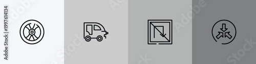 us road signs outline icon set featuring wheel vehicle part, autorickshaw, no turn, converging icons.