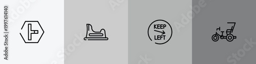 taxi service outline icon set featuring t junction, baby toilet, keep left, cycle rickshaw icons.