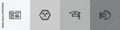 parking outline icon set featuring parking card, bifurcation, graduate cap, car light icons.