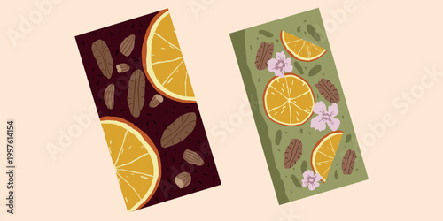 Two artisanal chocolate bars with orange slices and nuts, premium dark chocolate and green matcha cocoa bar with pecan and almond toppings