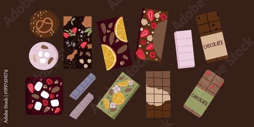 Vector chocolate bars and assorted sweets on dark background, luxury confectionery set with berries, nuts, citrus and marshmallows for premium packaging