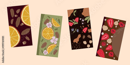 Set of four artisanal chocolate bars with various toppings, organic dark and matcha chocolate with orange slices, nuts, berries and floral decor