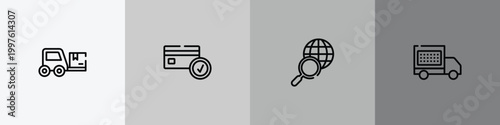 lineal logistic outline icon set featuring trolley truck, card check, search worldwide, delivery date icons.