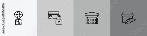 shipping and handly outline icon set featuring parachute box, card blocked, piles stored, light weight icons.