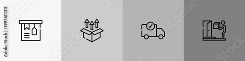 lineal logistic outline icon set featuring tagged package, unpacking, delivery check, on door delivery icons.