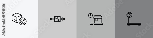 lineal logistic outline icon set featuring delivered box verification, use clamps, weighting, delivery scale icons.