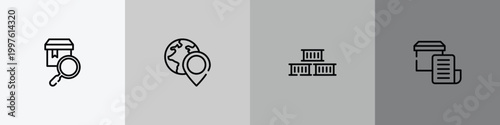 lineal logistic outline icon set featuring checking, worldwide pin, containers, delivery invoice icons.