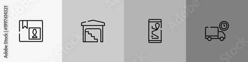 logistic delivery instructions outline icon set featuring fragile pack, stack in depot, smartphone online track, truck delay icons.