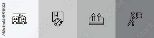 delivery trucks, men outline icon set featuring trolleybuses, prohibited, keep up, delivering box icons.