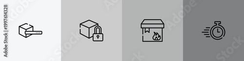 lineal logistic outline icon set featuring search box, locked pack, flammable package, delivery timer icons.