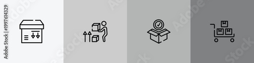 lineal logistic outline icon set featuring side down, lift up, package checking, package on trolley icons.