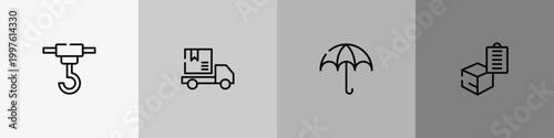 lineal logistic outline icon set featuring container hanging, package on rolling transport, wet protect, delivery clipboard icons.